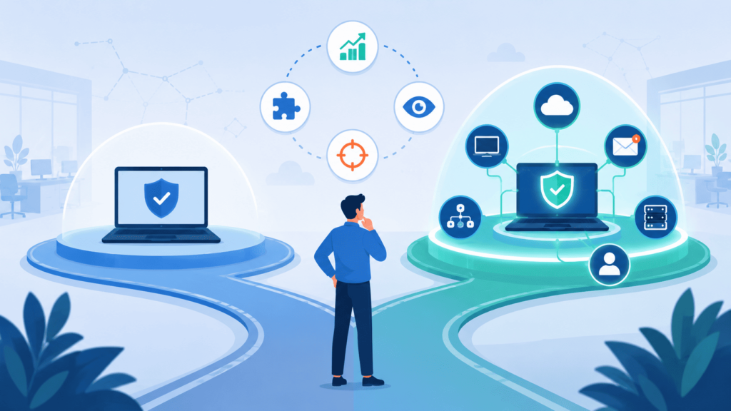 Person standing between two paths, choosing between basic endpoint protection and a connected security network 