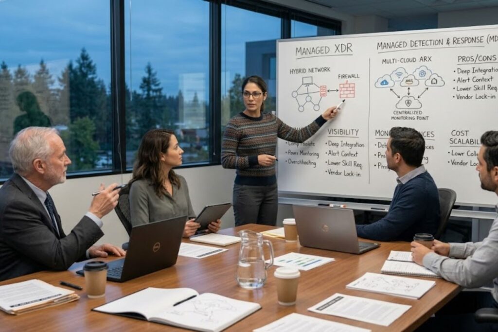 Team reviewing the benefits managed XDR service versus traditional MDR in a strategy meeting.