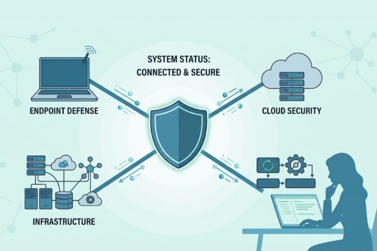 Diagram illustrating integrating EDR XDR SIEM SOAR across endpoint and cloud infrastructure.
