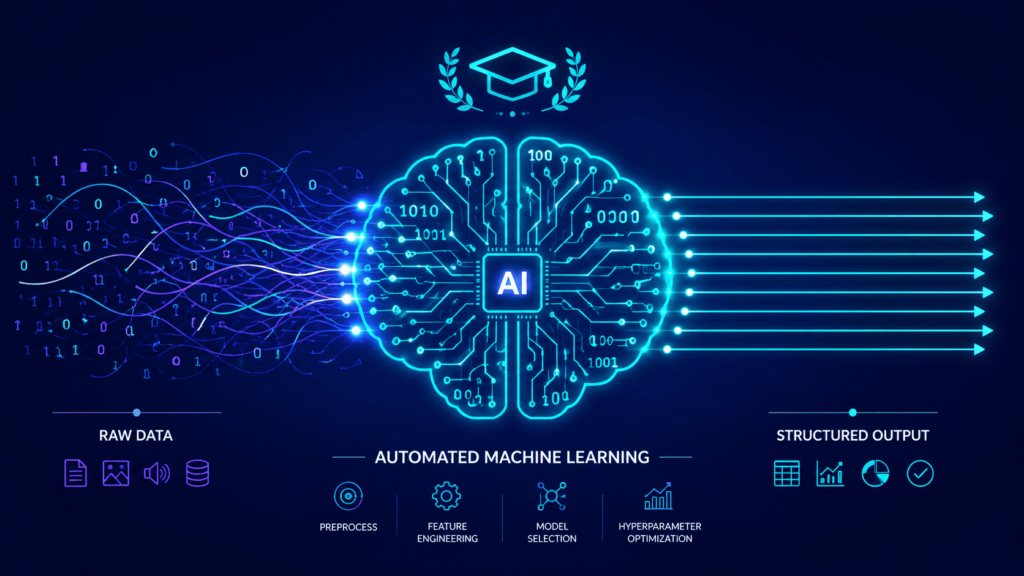 AI brain processing raw data into structured output, supporting validating threat intelligence sources through machine learning.