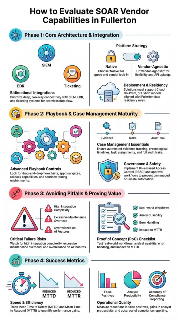 Infographic outlining a 4-phase framework for evaluating SOAR vendor capabilities in Fullerton, covering integrations, playbooks, risks, and metrics.