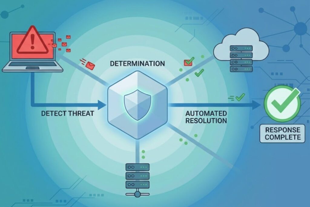 Flowchart of integrating EDR XDR SIEM SOAR from threat detection to automated resolution.