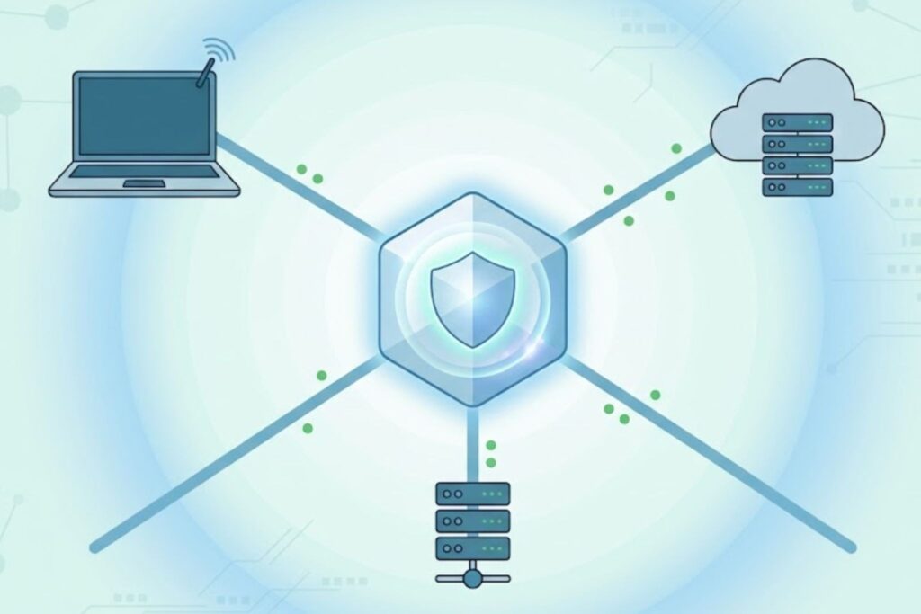 Icon set showing integrating EDR XDR SIEM SOAR into one unified security shield.