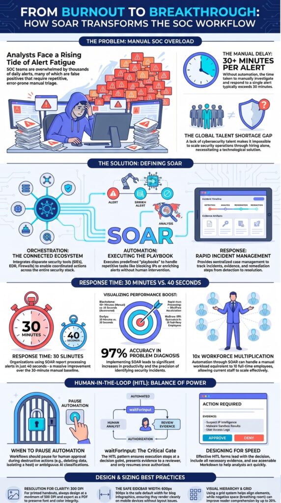 Infographic explaining integrating EDR XDR SIEM SOAR to cut SOC alert fatigue.