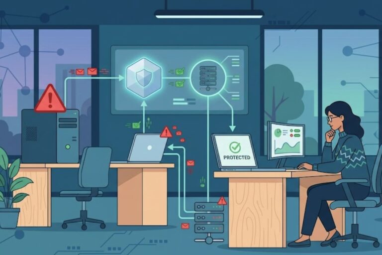 Illustration of edr deployment management challenges in an office facing active threats.