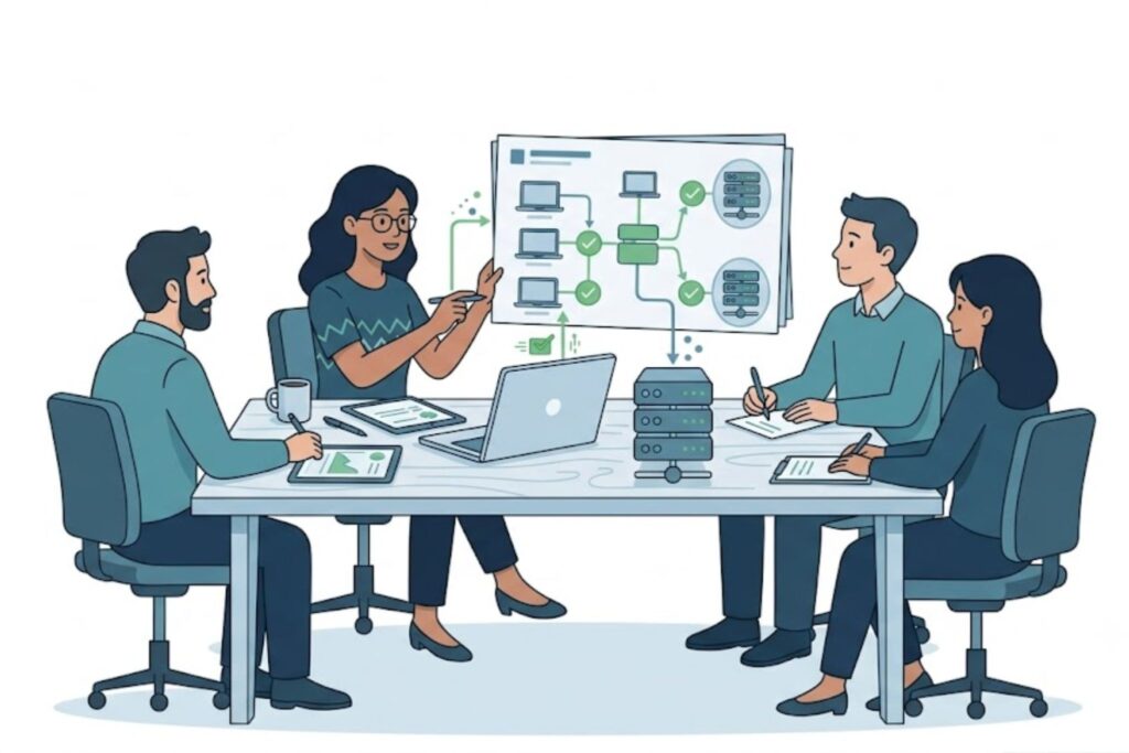 Team discussing edr deployment management challenges around a shared workflow diagram.