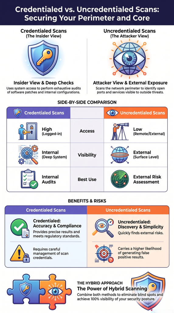 Credentialed vs uncredentialed scans comparison showing internal authenticated and external vulnerability scanning