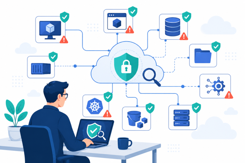 Cloud infrastructure vulnerability scanning assessing virtual machines, applications, databases, containers, and Kubernetes