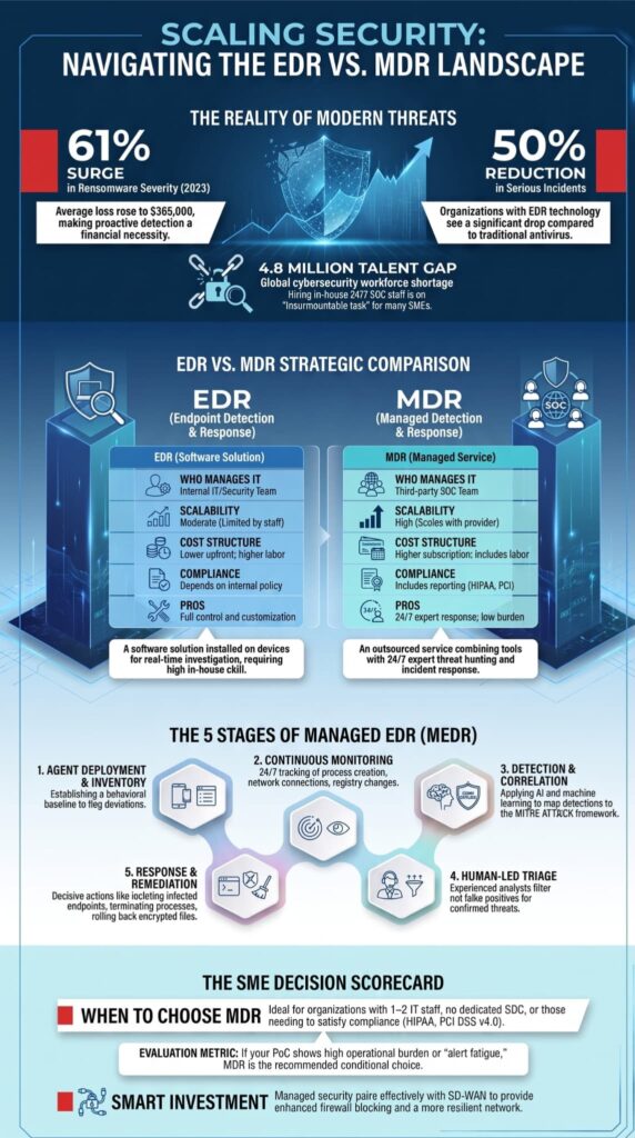 Infographic comparing edr deployment management challenges against outsourced MDR services.