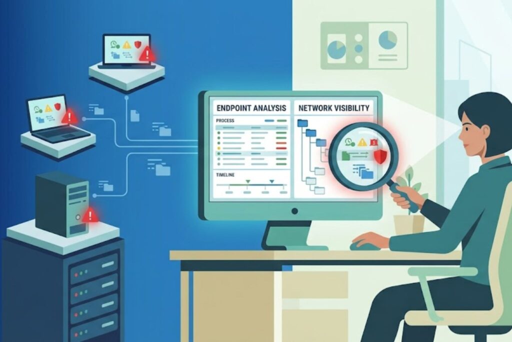 Analyst reviewing endpoint visibility response capabilities across process and network data.