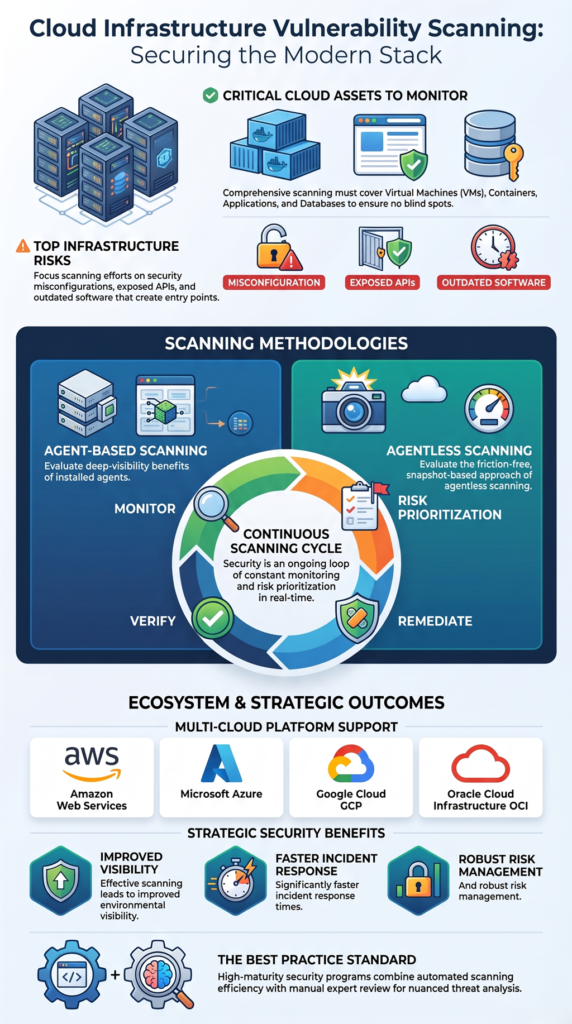 Cloud infrastructure vulnerability scanning showing cloud assets, monitoring, risks and security