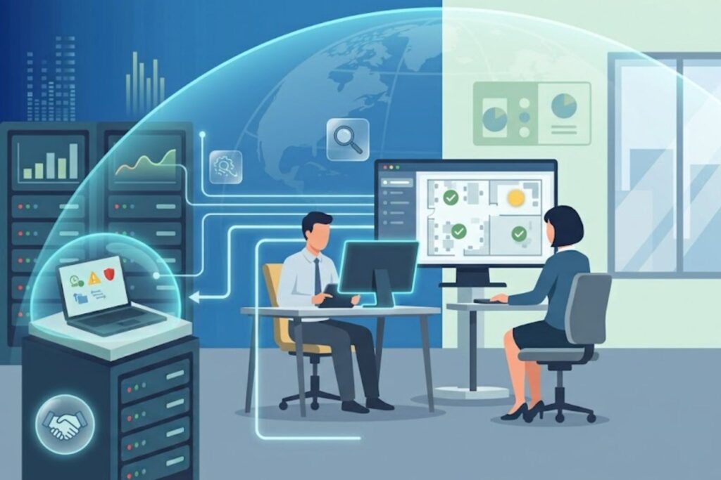 Team collaborating on endpoint visibility response capabilities across a connected office network.