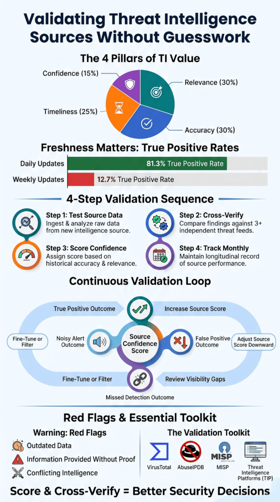 Infographic showing a framework for validating threat intelligence sources using scoring, pillars, and validation loops.