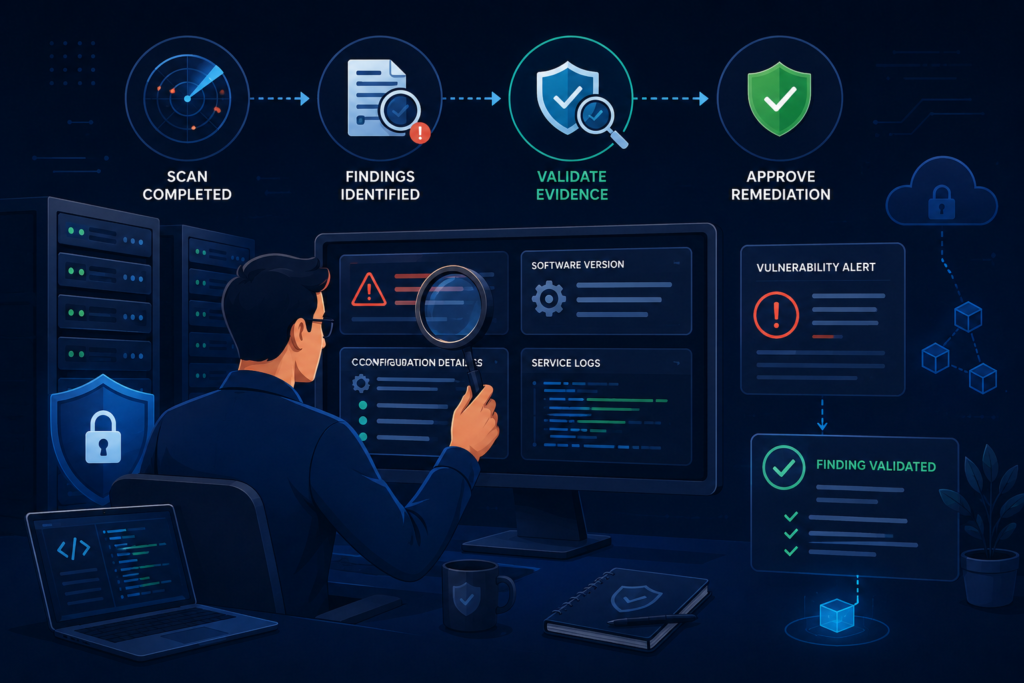 Interpreting vulnerability scan results through validation of findings, evidence review, and security checks