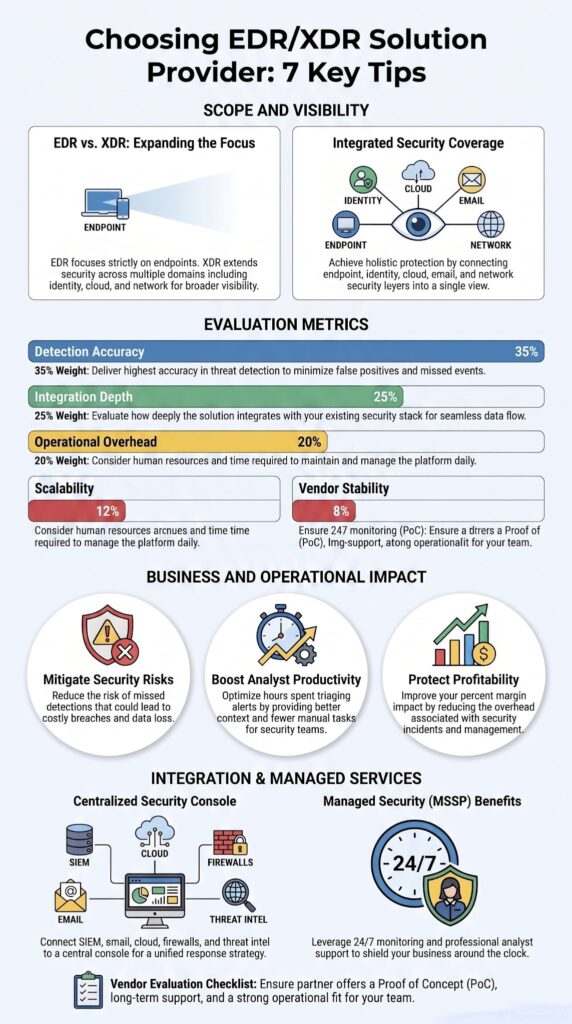 Infographic on choosing EDR XDR solution provider, showing evaluation metrics, visibility, and managed security benefits