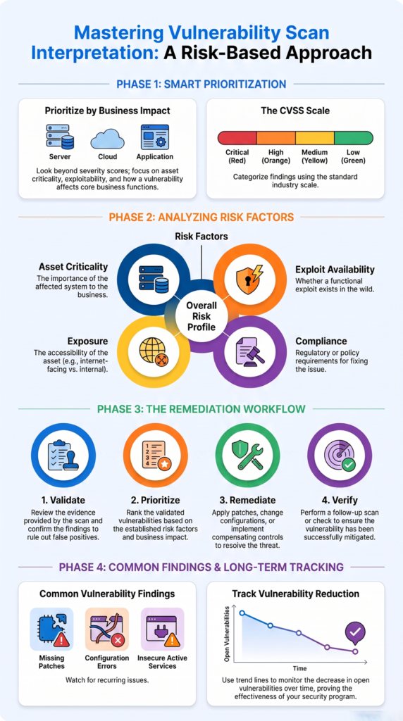 Interpreting vulnerability scan results with risk prioritization, validation, remediation workflow guide
