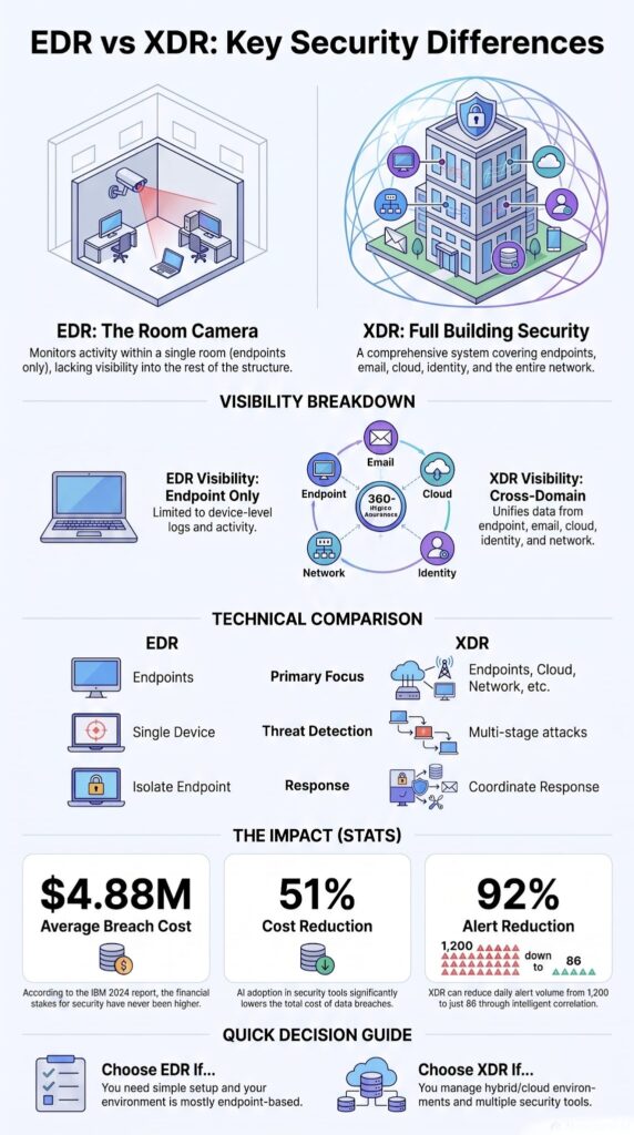Illustrated comparison of endpoint security versus full-building network security, showing visibility, detection, and cost impact stats.
