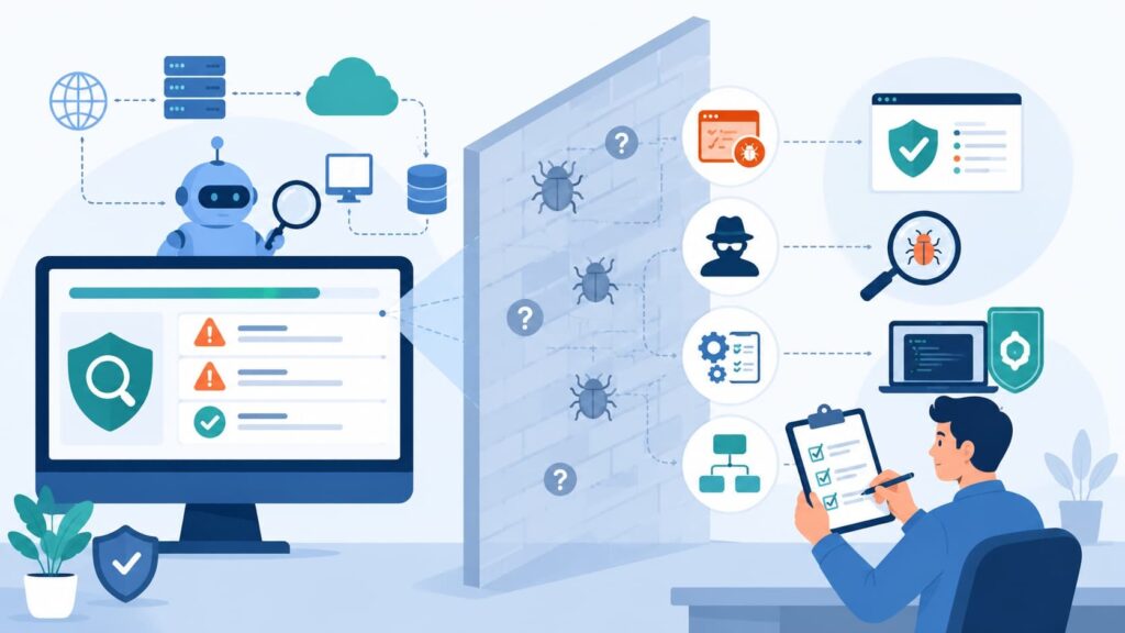 Illustration of Vulnerability Scanner Technology Explained with AI robot, firewall, bug detection, and analyst review