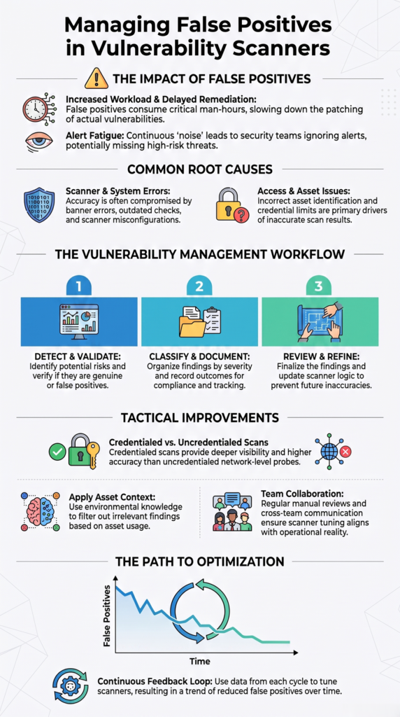 Managing false positives scanners infographic showing causes, workflow, and tuning to improve accuracy.
