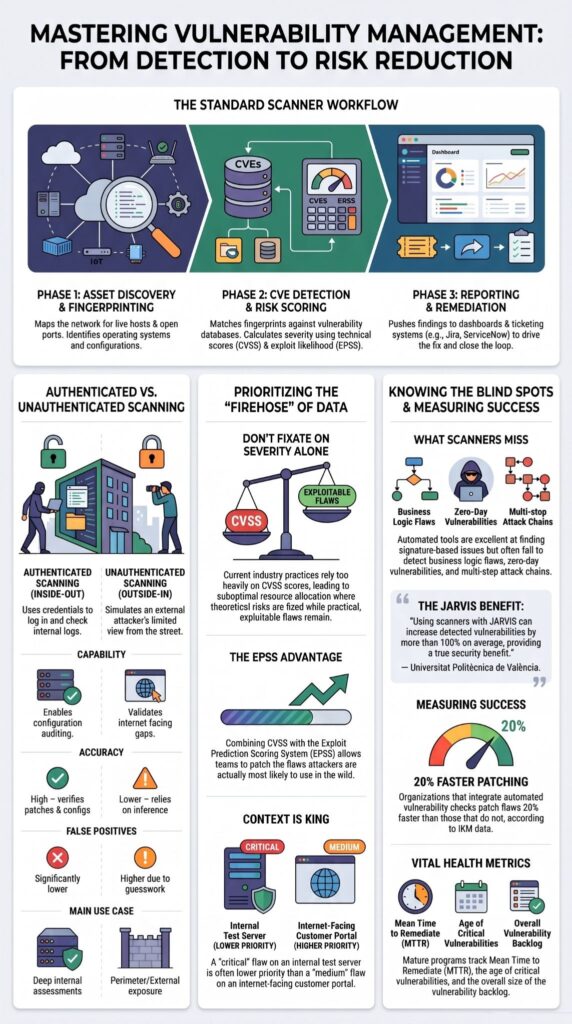 Infographic showing Vulnerability Scanner Technology Explained through detection, risk scoring, prioritization, and remediation phases