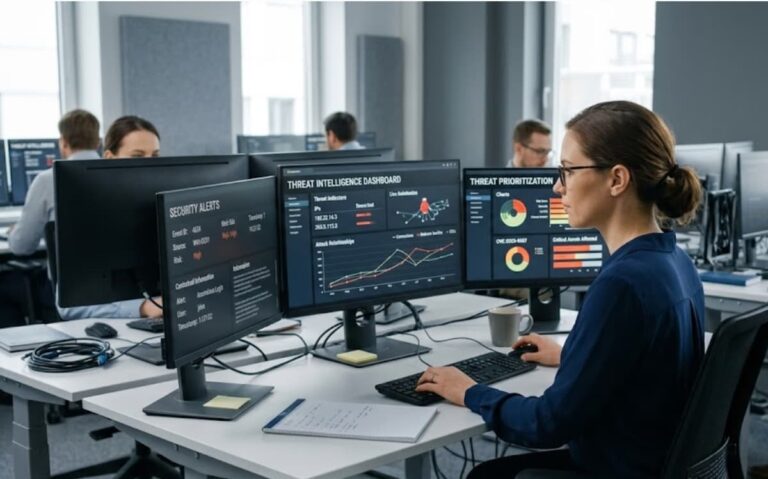 Analyst reviews live dashboards showing benefits using tip security operations for faster detection.