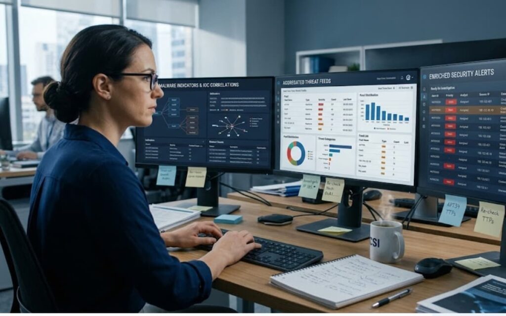 Analyst correlates threat feeds, showing benefits using tip security operations in daily monitoring.
