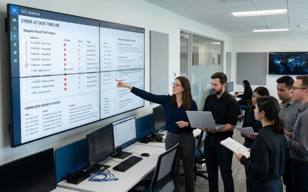 Team discusses benefits using tip security operations during a SOC incident response briefing.