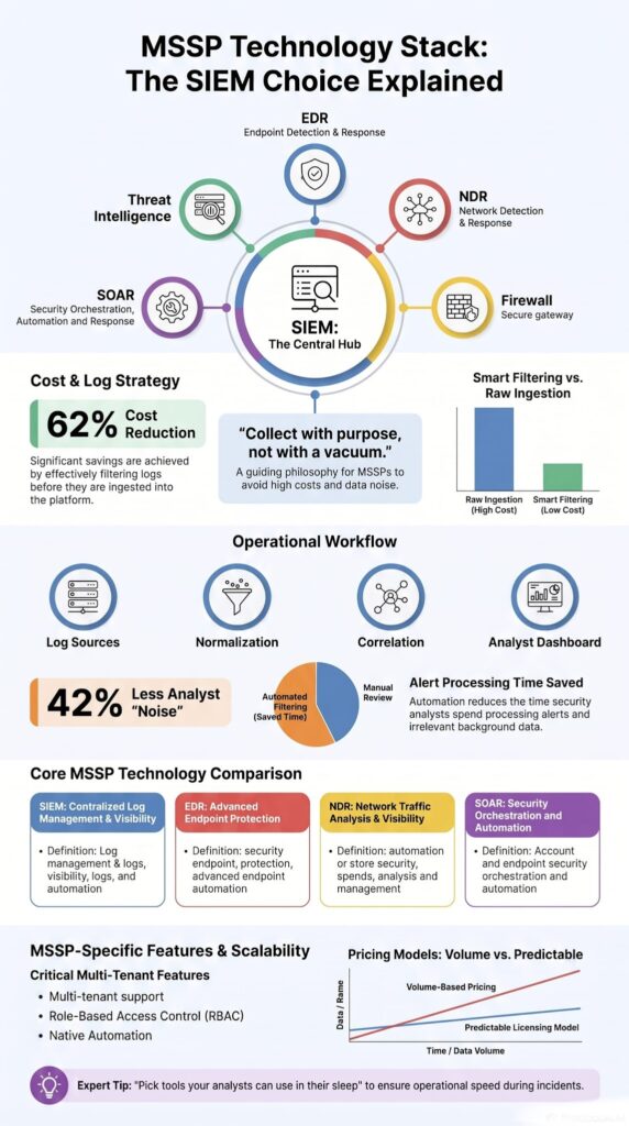 Infographic illustrating mssp technology stack siem choice as the central hub for EDR, NDR, and SOAR