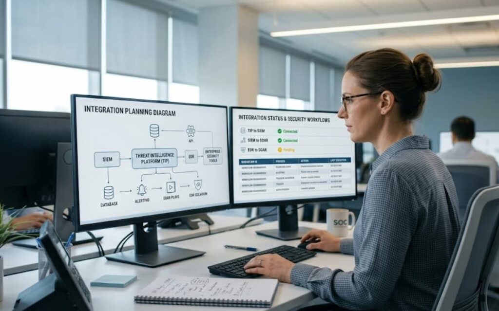 Analyst choosing tip vendor solution by reviewing integration status with SIEM and SOAR.