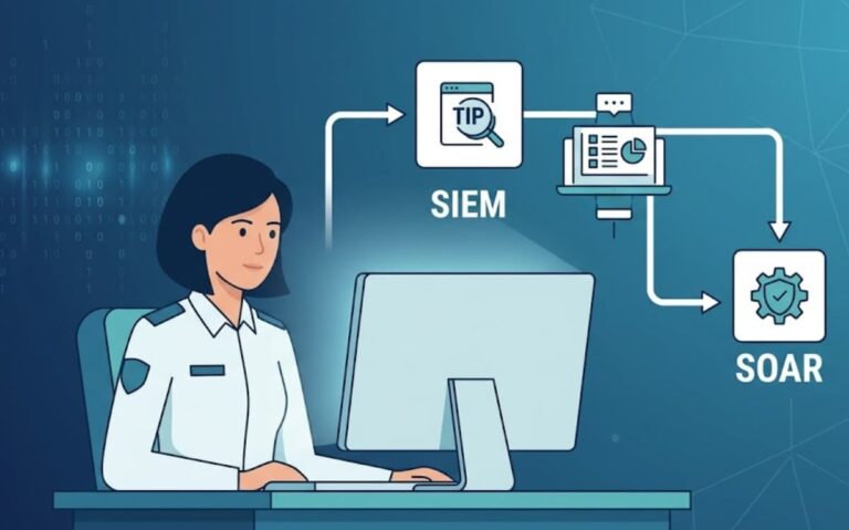 Illustration of analyst integrating TIP SIEM SOAR workflow for streamlined threat response.