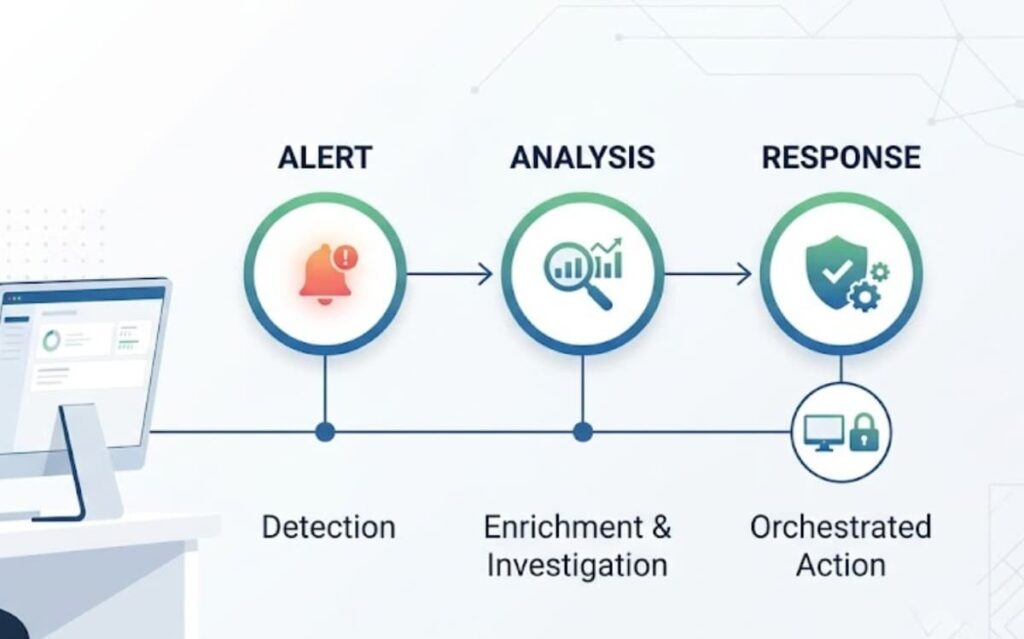 Diagram showing steps for integrating TIP SIEM SOAR from detection to orchestrated action.