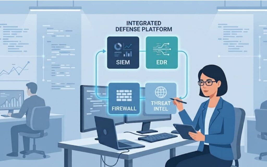 Analyst integrating TIP SIEM SOAR alongside firewall and threat intel on a defense platform.