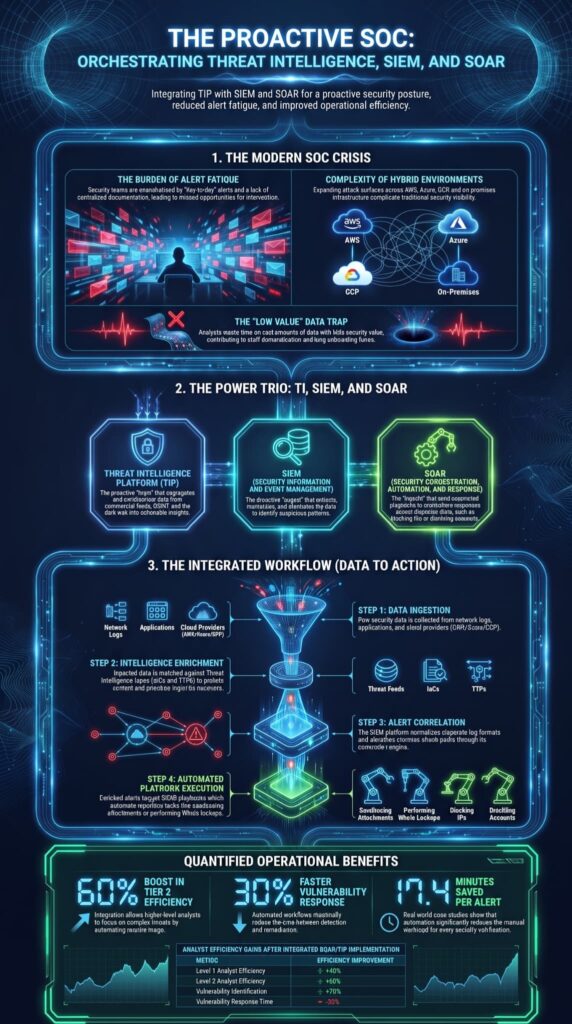 Infographic detailing benefits of integrating TIP SIEM SOAR for a proactive security posture.