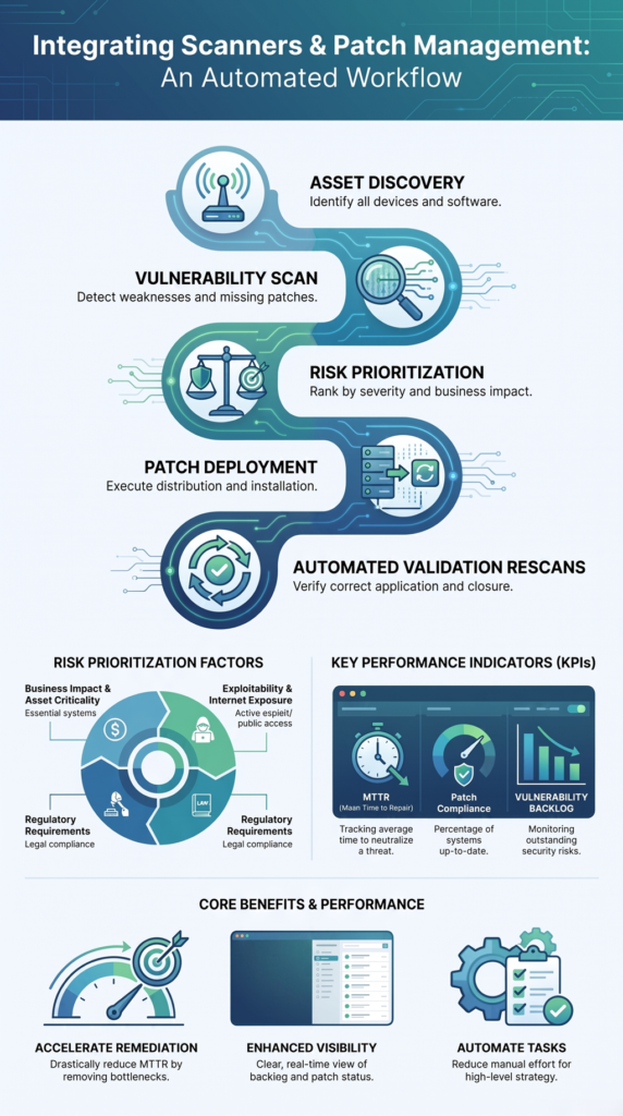 Integrating scanners patch management automates vulnerability detection, patching, and validation.