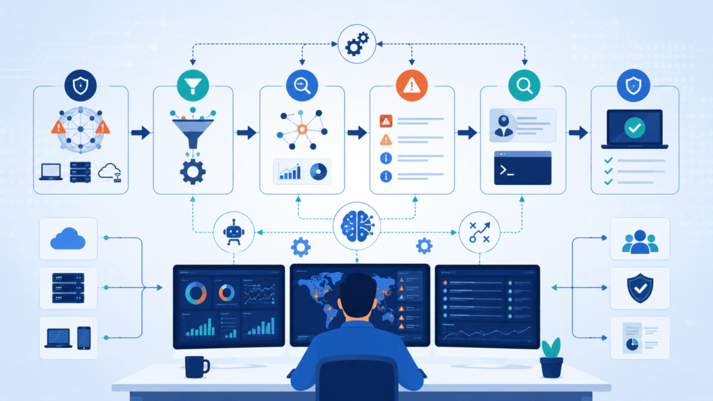Workflow diagram of mssp technology stack siem choice from log filtering to analyst dashboard