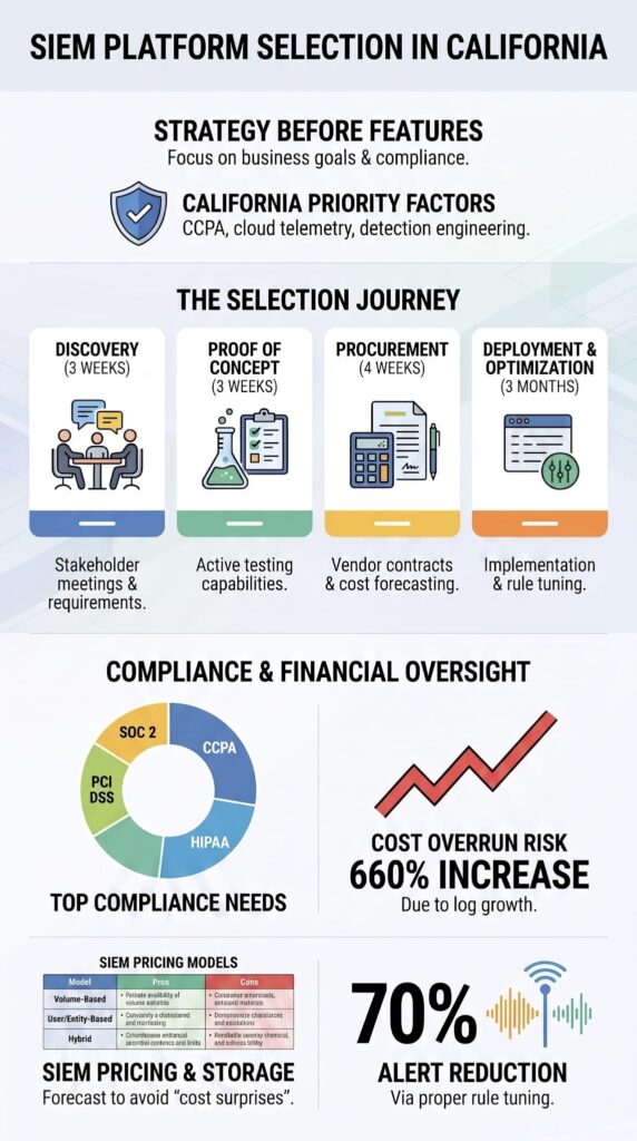 Infographic outlining strategy, compliance, and cost factors for SIEM platform selection