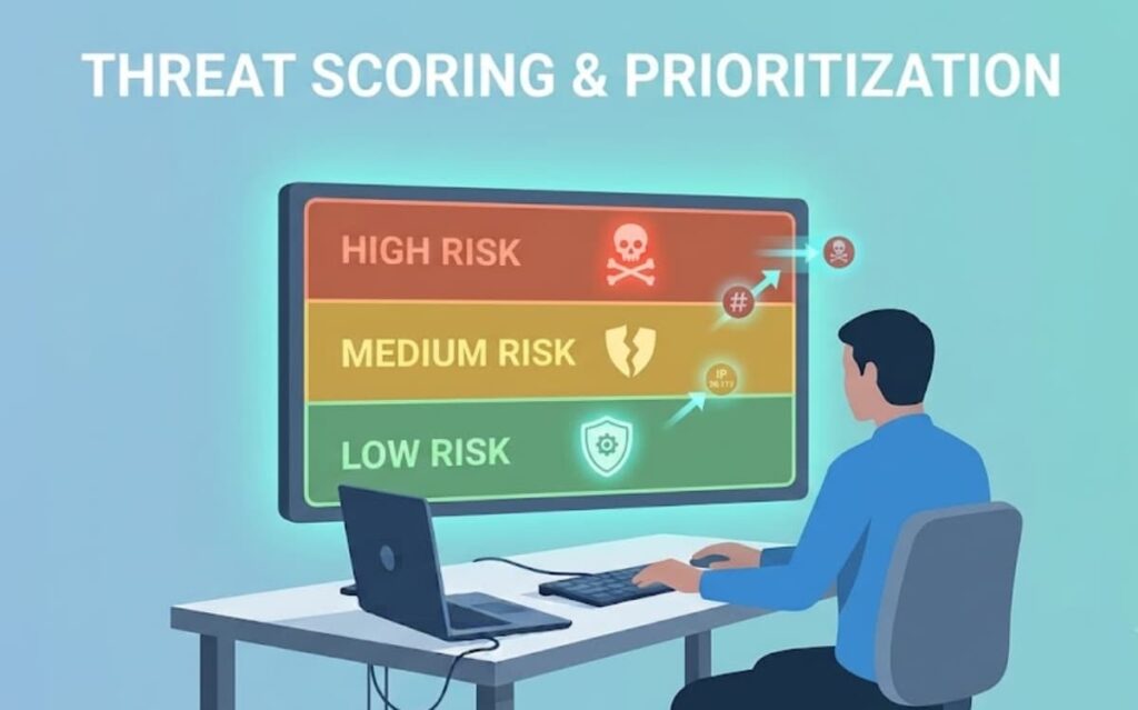 Analyst managing threat data iocs tip by scoring alerts into high, medium, and low risk.