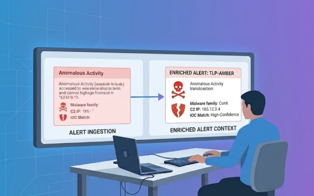 Screen comparing raw and enriched alerts for managing threat data iocs tip effectively.