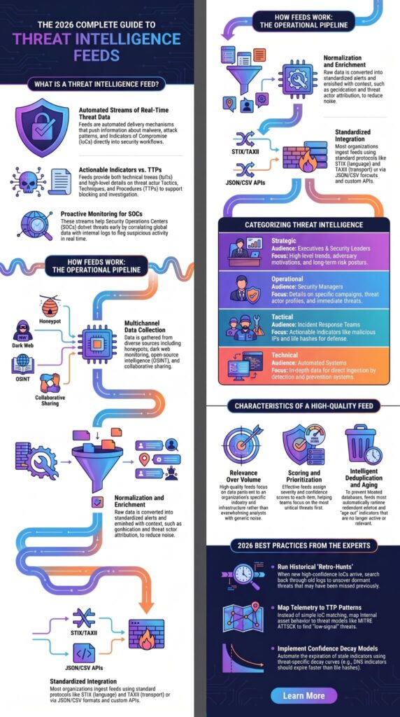 Infographic guide for managing threat data iocs tip through feed collection and scoring.