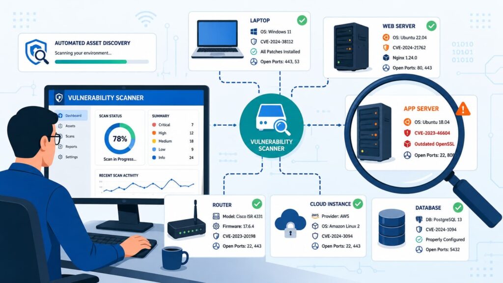 Diagram illustrating how vulnerability scanners work, checking devices, servers, and databases for CVEs and open ports.