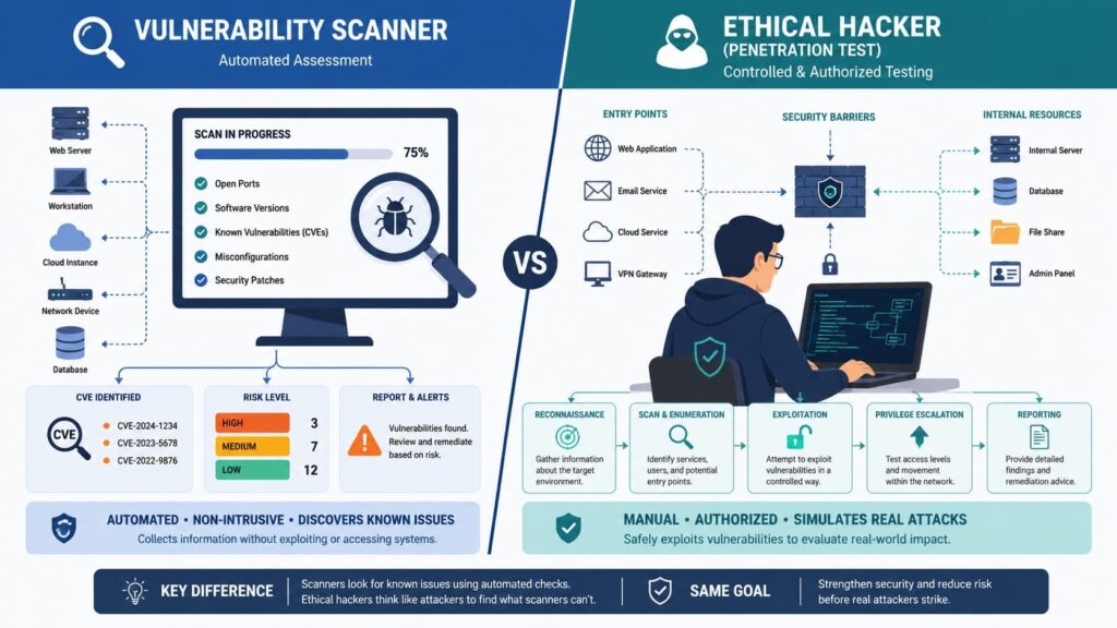 Infographic comparing how vulnerability scanners work versus manual ethical hacking and penetration testing methods.