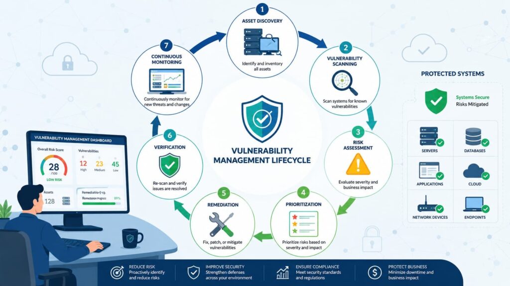 Lifecycle diagram showing how vulnerability scanners work within a 7-step vulnerability management process for businesses.
