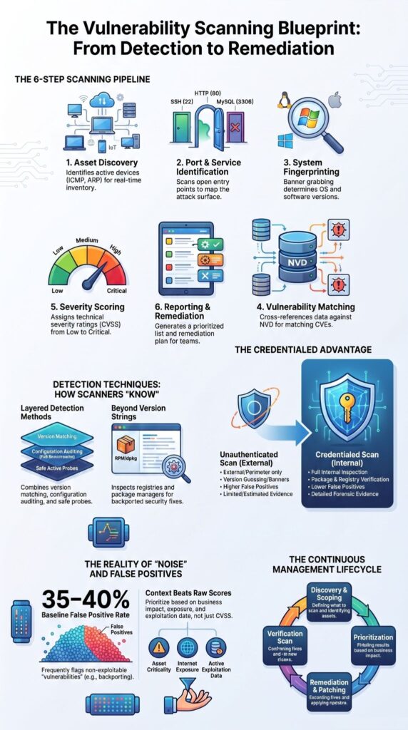 Detailed infographic explaining how vulnerability scanners work through a 6-step pipeline from detection to remediation.