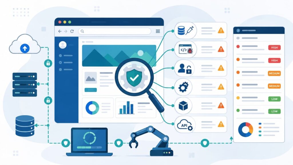 Diagram showing web application vulnerability scanners detecting risks and ranking findings by severity in a dashboard.