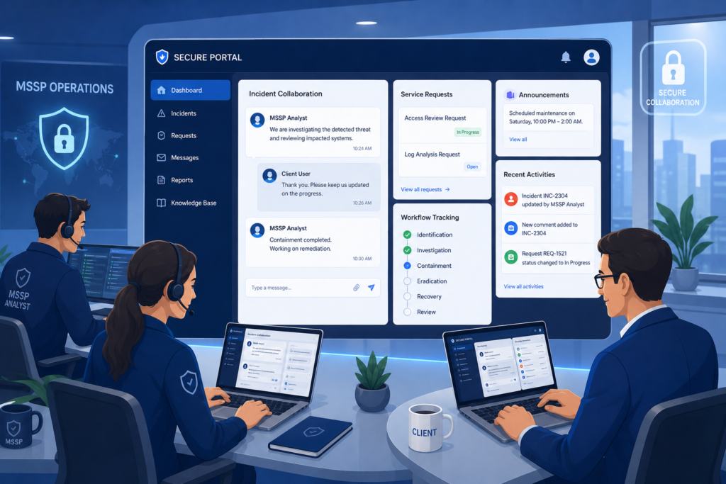 MSSP client portal user experience enabling secure communication between clients and security teams 