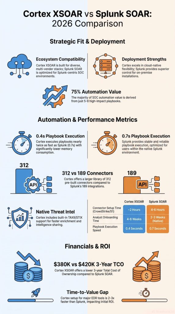 Infographic illustrating a cortex xsoar vs splunk soar review with icons for speed, connectors, and cost.