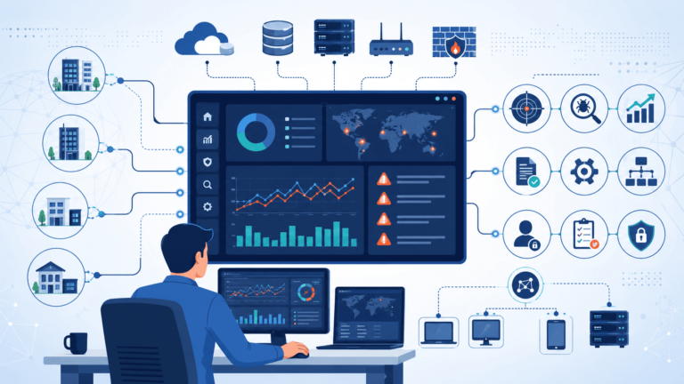 Security analyst reviewing mssp technology stack siem choice dashboard with threat maps and alerts
