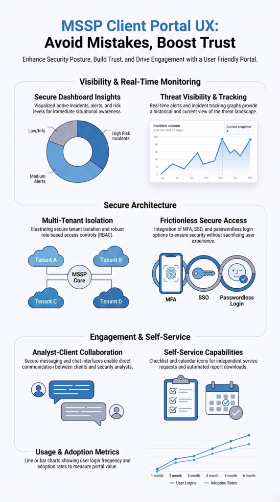 MSSP Client Portal UX infographic highlighting secure dashboard, monitoring, collaboration, and access 
