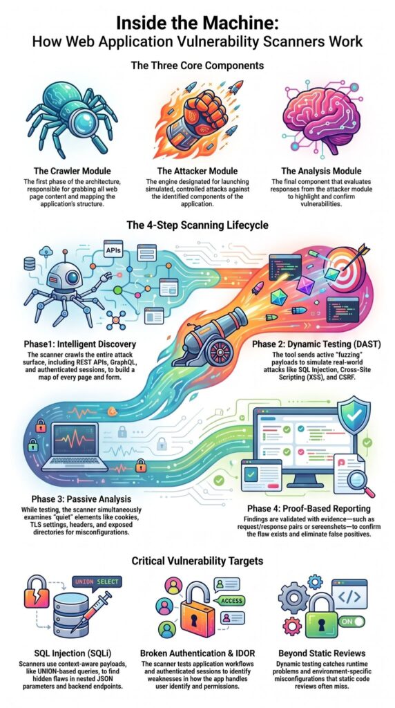 Infographic explaining how web application vulnerability scanners work, from crawling and testing to reporting.