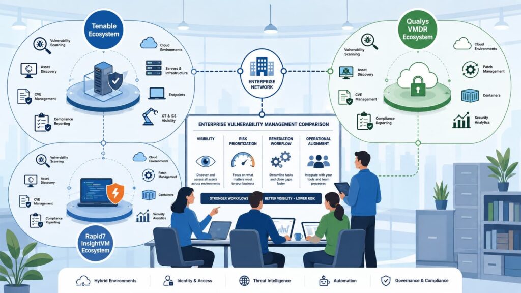 Team analyzing enterprise ecosystems in a nessus vs qualys vs rapid7 comparison covering visibility, risk, and remediation.